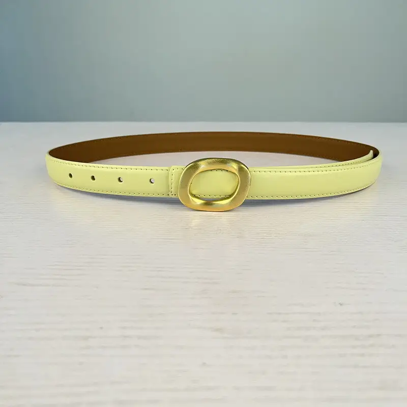 Women's Leather Belt with Gold Round Buckle Brown - Image 13