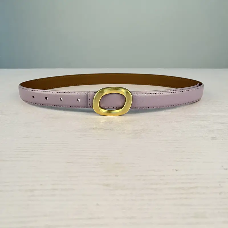 Women's Leather Belt with Gold Round Buckle Brown - Image 14