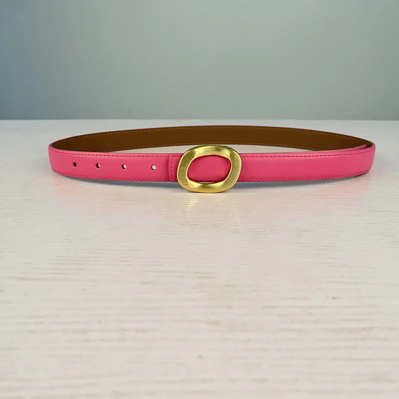 Women's Leather Belt with Gold Round Buckle Brown - Image 15