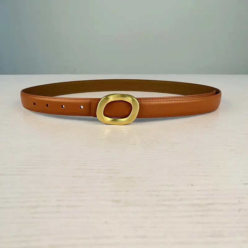 Women's Leather Belt with Gold Round Buckle Brown - Image 16