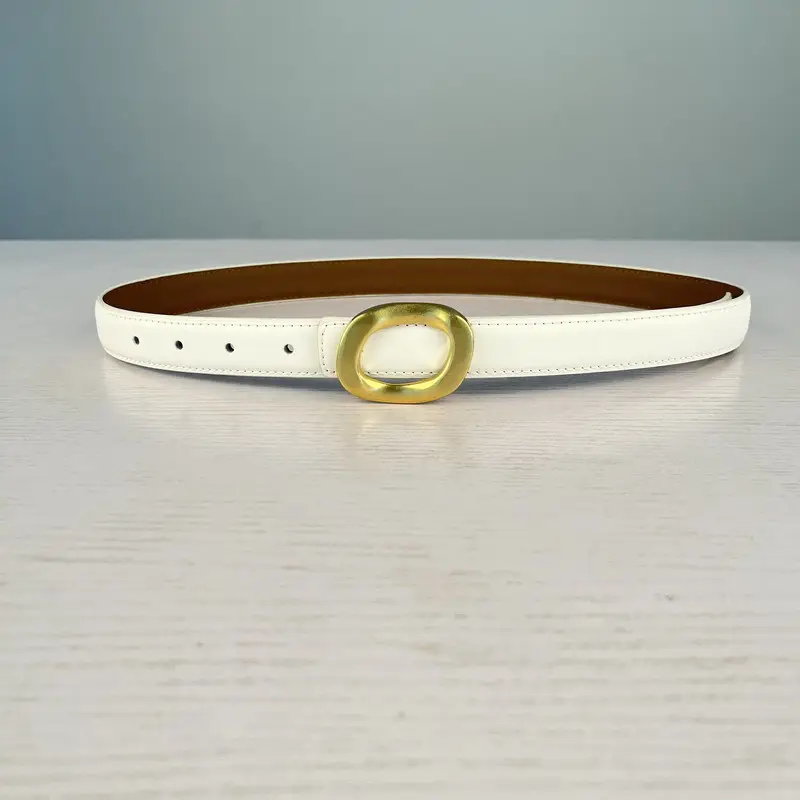 Women's Leather Belt with Gold Round Buckle Brown - Image 17