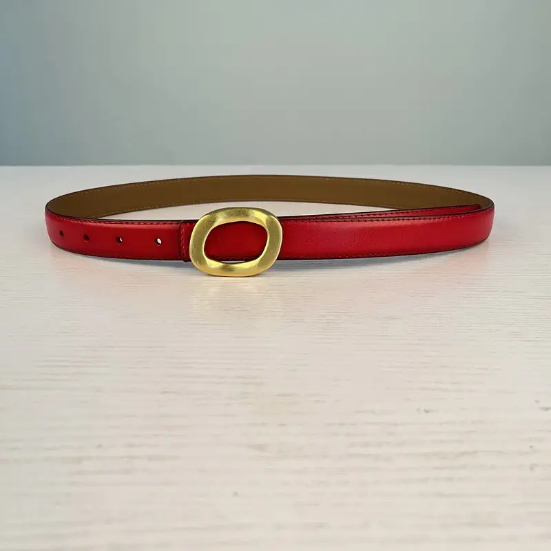 Women's Leather Belt with Gold Round Buckle Brown - Image 18