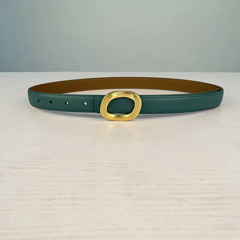 Women's Leather Belt with Gold Round Buckle Brown - Image 19