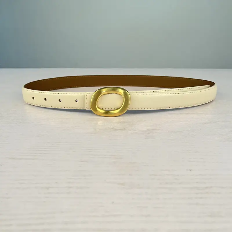 Women's Leather Belt with Gold Round Buckle Brown - Image 2