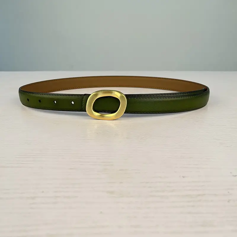 Women's Leather Belt with Gold Round Buckle Brown - Image 20