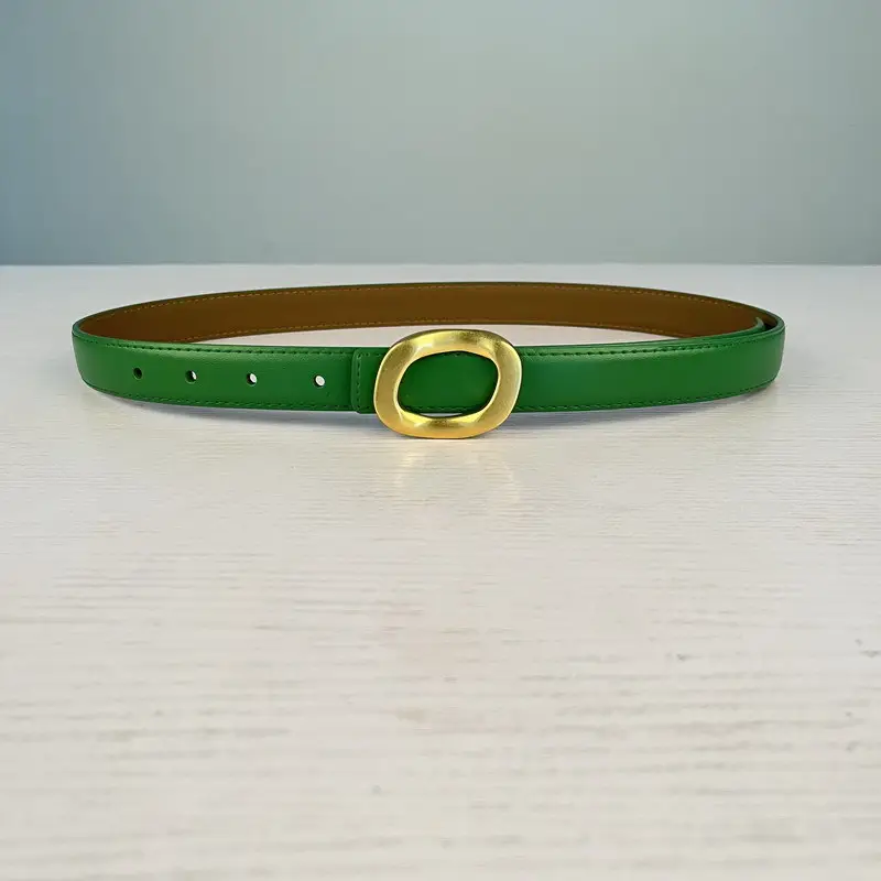 Women's Leather Belt with Gold Round Buckle Brown - Image 21