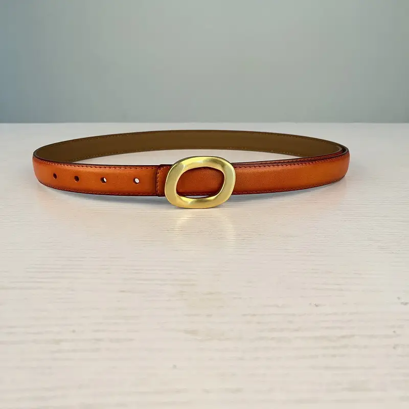 Women's Leather Belt with Gold Round Buckle Brown - Image 22