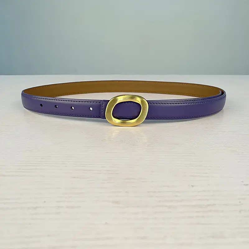 Women's Leather Belt with Gold Round Buckle Brown - Image 23
