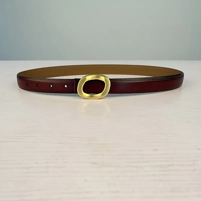 Women's Leather Belt with Gold Round Buckle Brown - Image 24