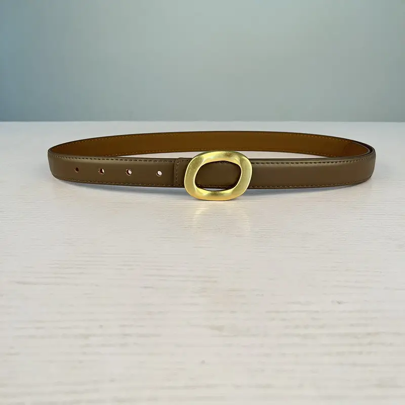 Women's Leather Belt with Gold Round Buckle Brown - Image 3