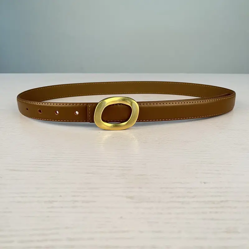 Women's Leather Belt with Gold Round Buckle Brown - Image 4