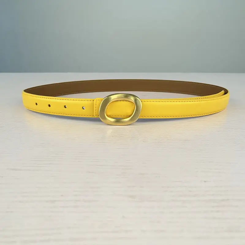 Women's Leather Belt with Gold Round Buckle Brown - Image 6