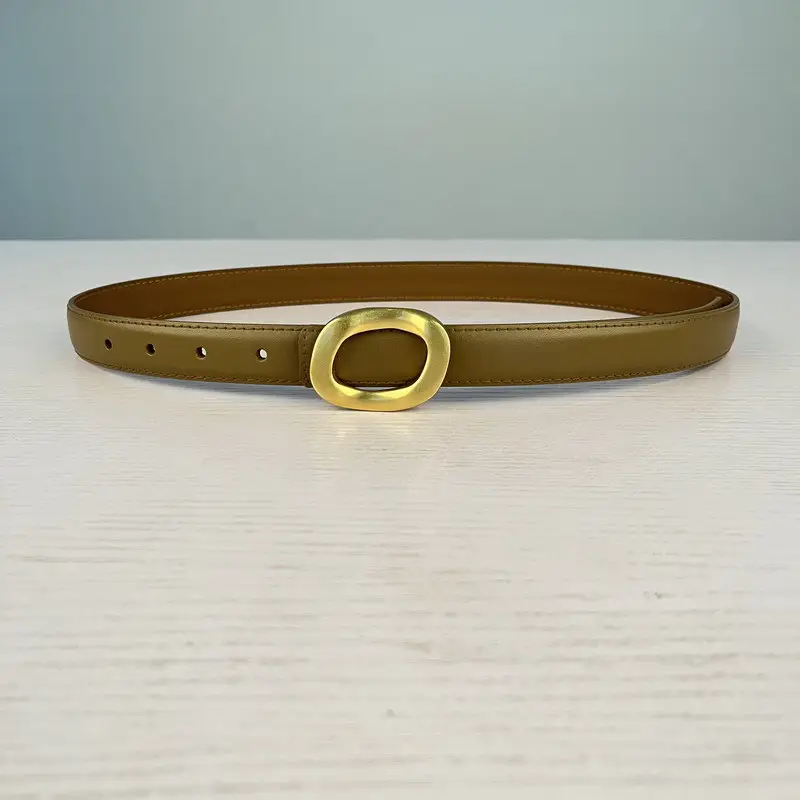 Women's Leather Belt with Gold Round Buckle Brown - Image 7