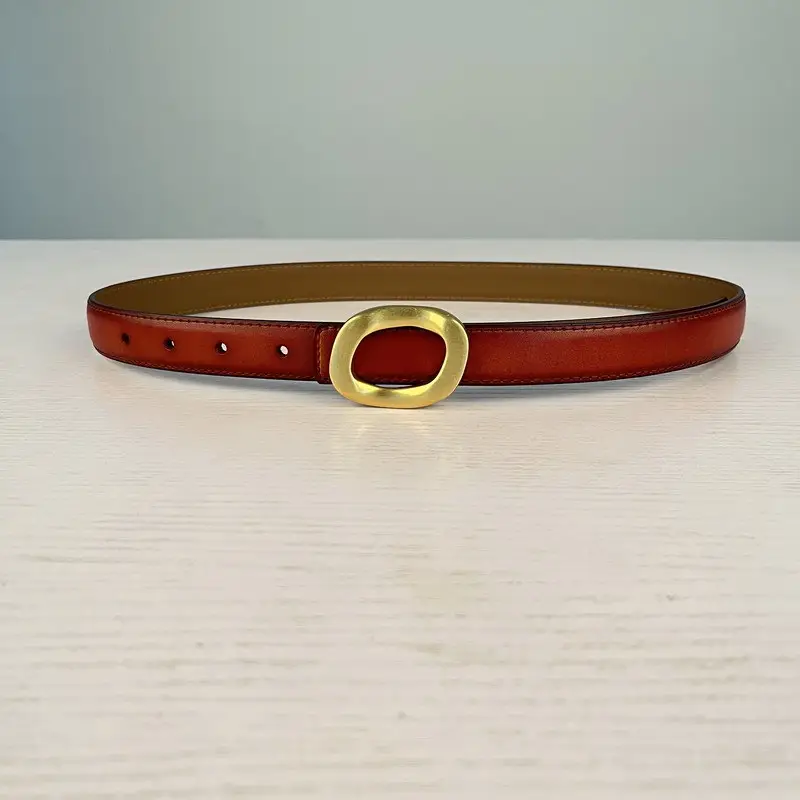 Women's Leather Belt with Gold Round Buckle Brown - Image 8