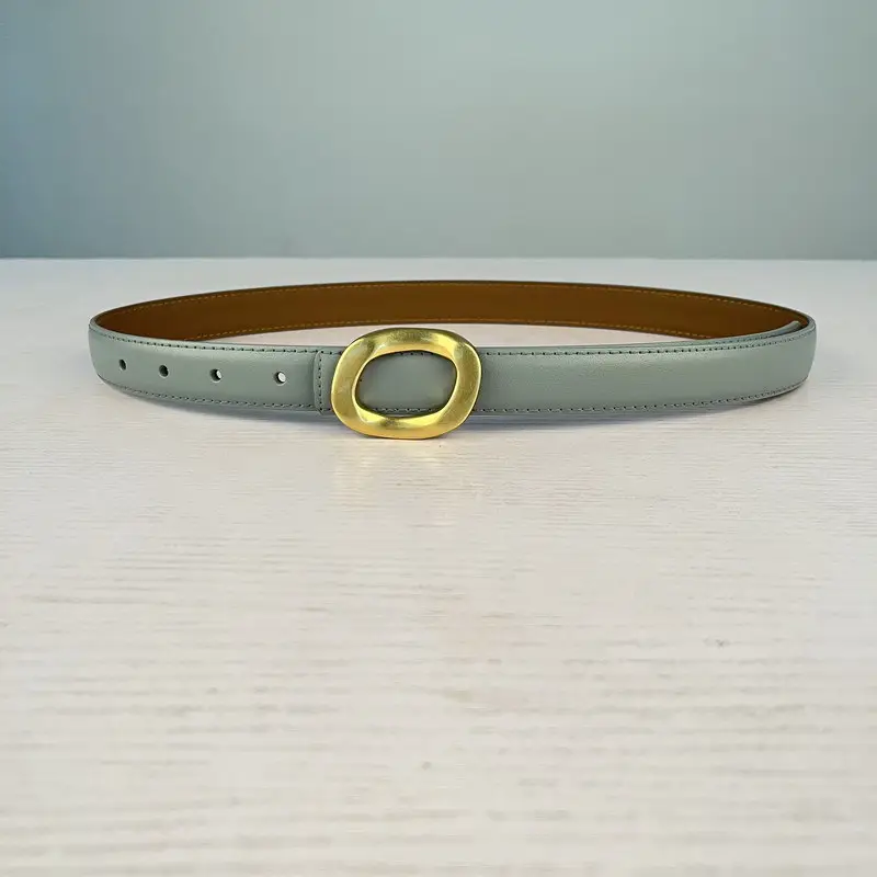 Women's Leather Belt with Gold Round Buckle Brown - Image 9