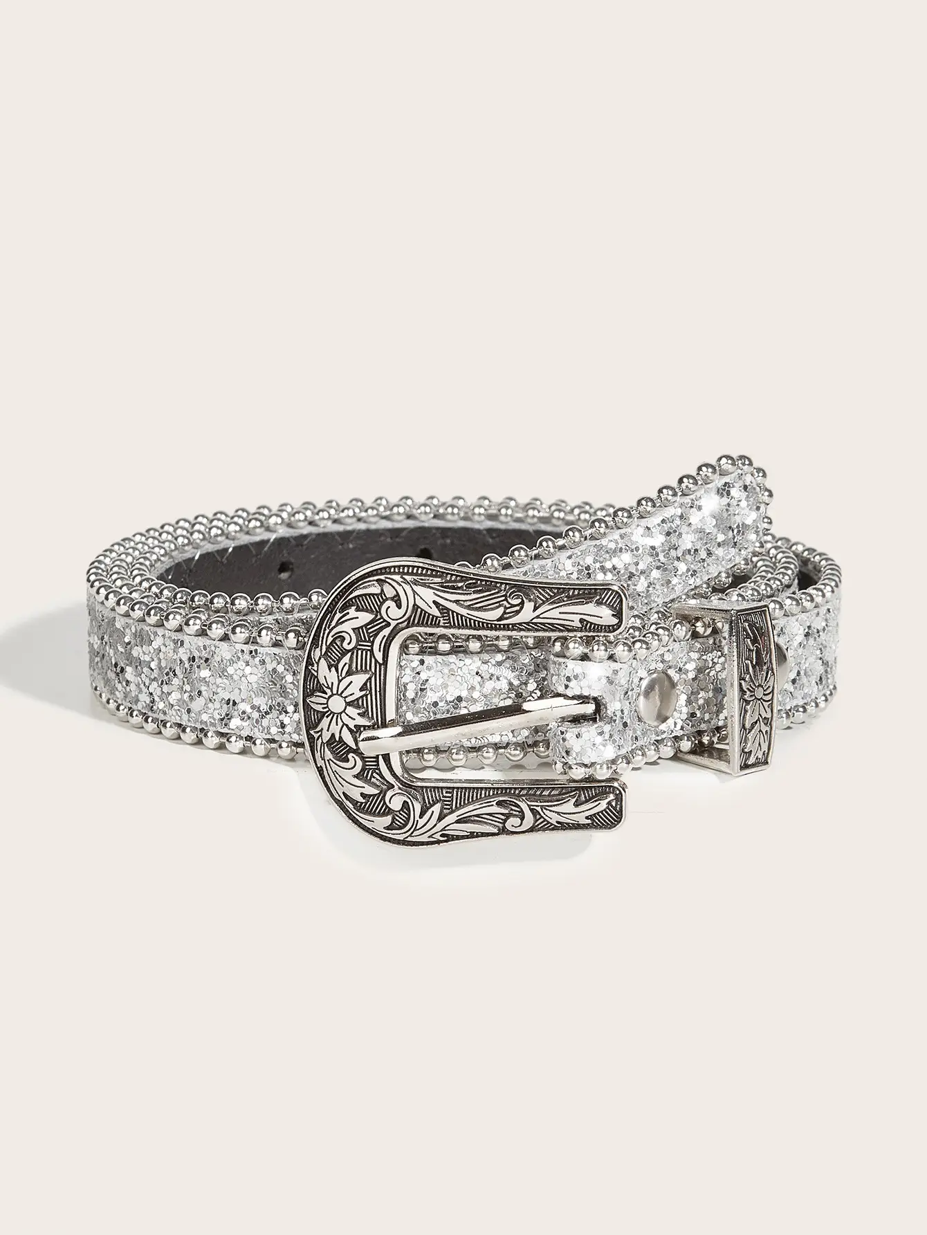 Carved Buckle Belt for Women with Sparkle Decoration