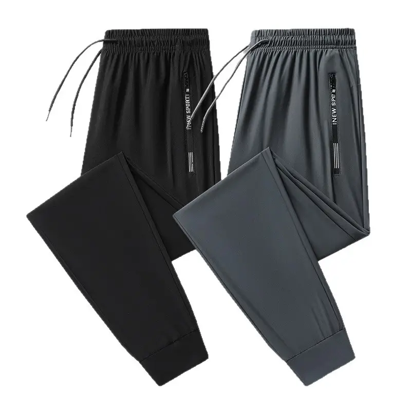 Men's Ice Silk Casual Pants Black Grey Elastic Waist - Image 9