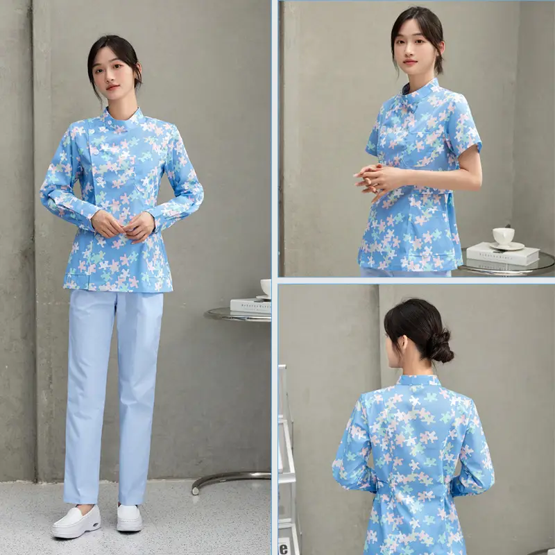 Women Floral Nurse Split Suit Blue White - Image 16