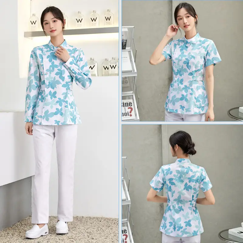 Women Floral Nurse Split Suit Blue White - Image 17