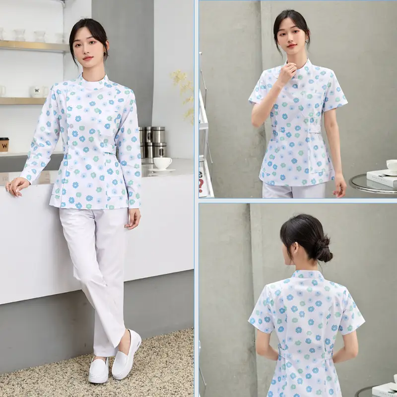 Women Floral Nurse Split Suit Blue White - Image 18