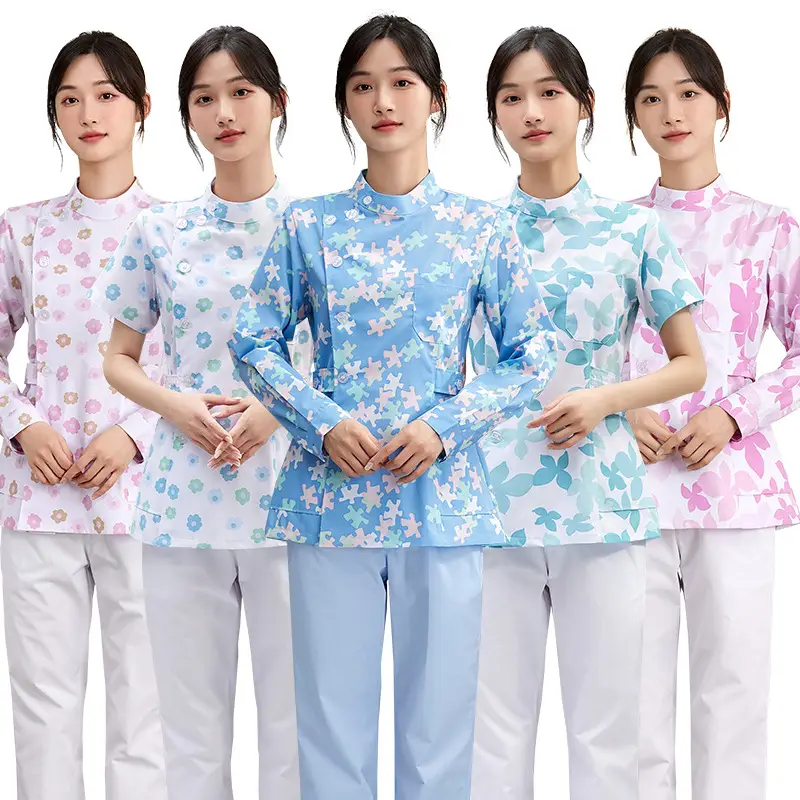 Women Floral Nurse Split Suit Blue White - Image 19