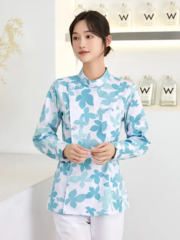 Women Floral Nurse Split Suit Blue White - Image 10