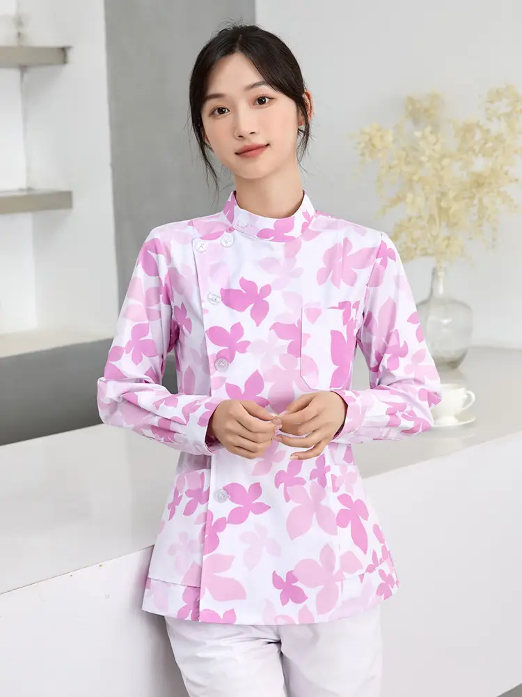 Women Floral Nurse Split Suit Blue White - Image 11