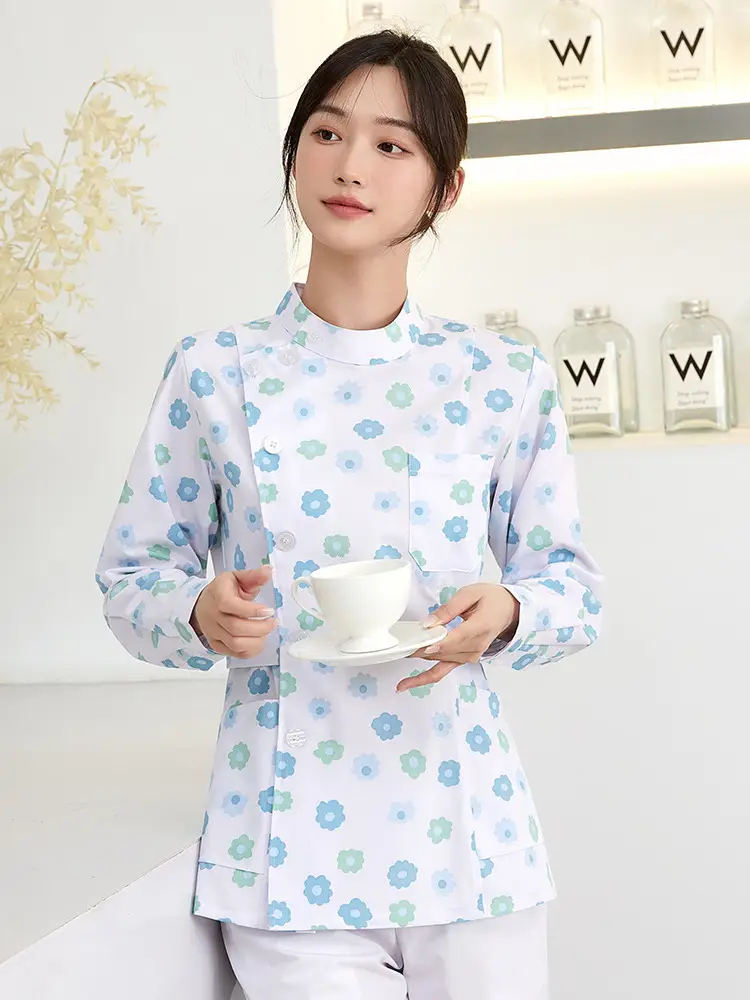 Women Floral Nurse Split Suit Blue White - Image 12