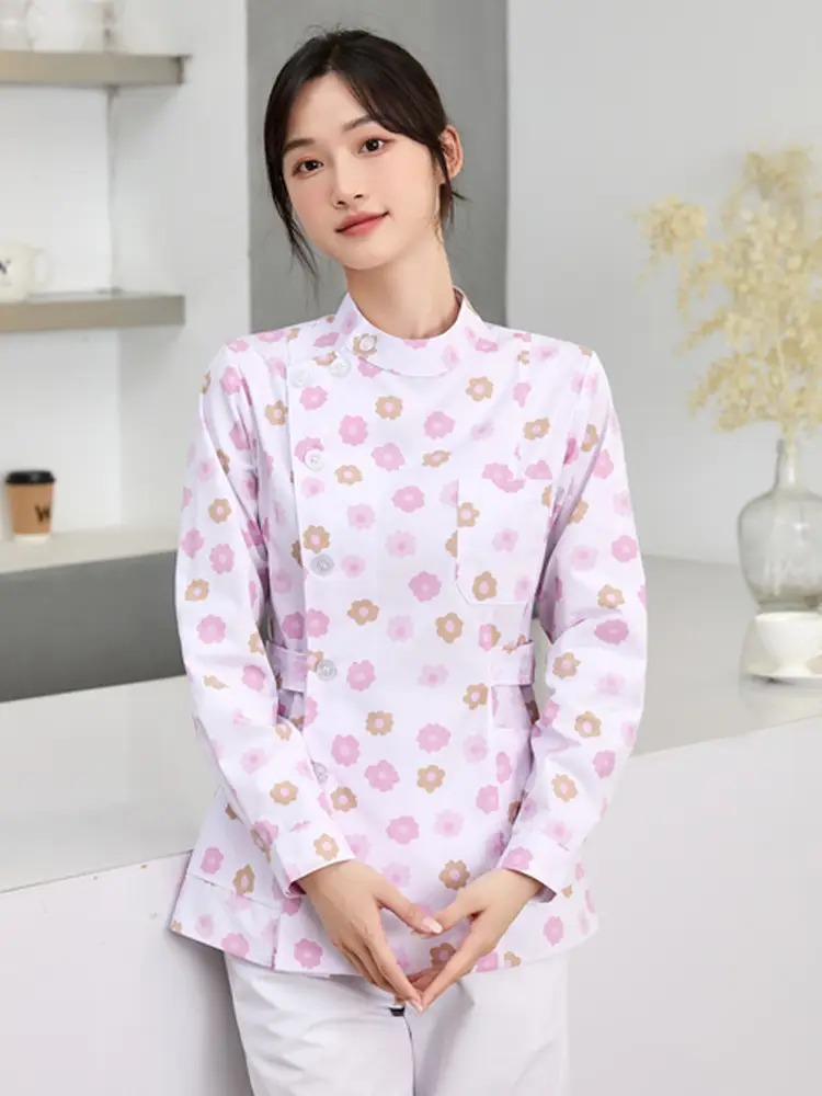 Women Floral Nurse Split Suit Blue White - Image 13