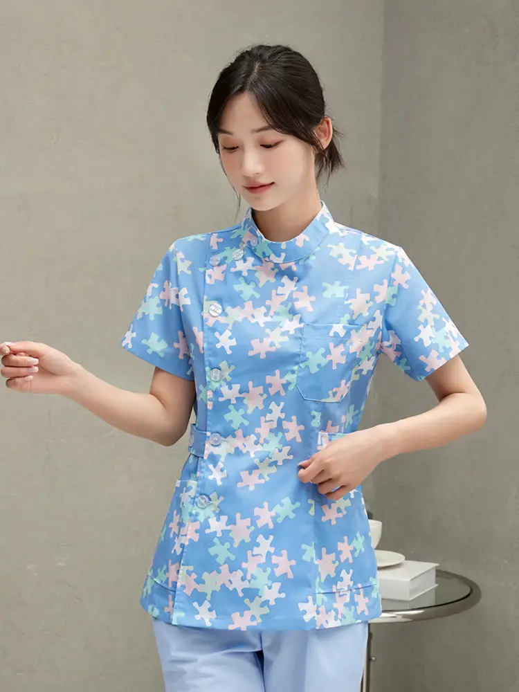 Women Floral Nurse Split Suit Blue White - Image 2