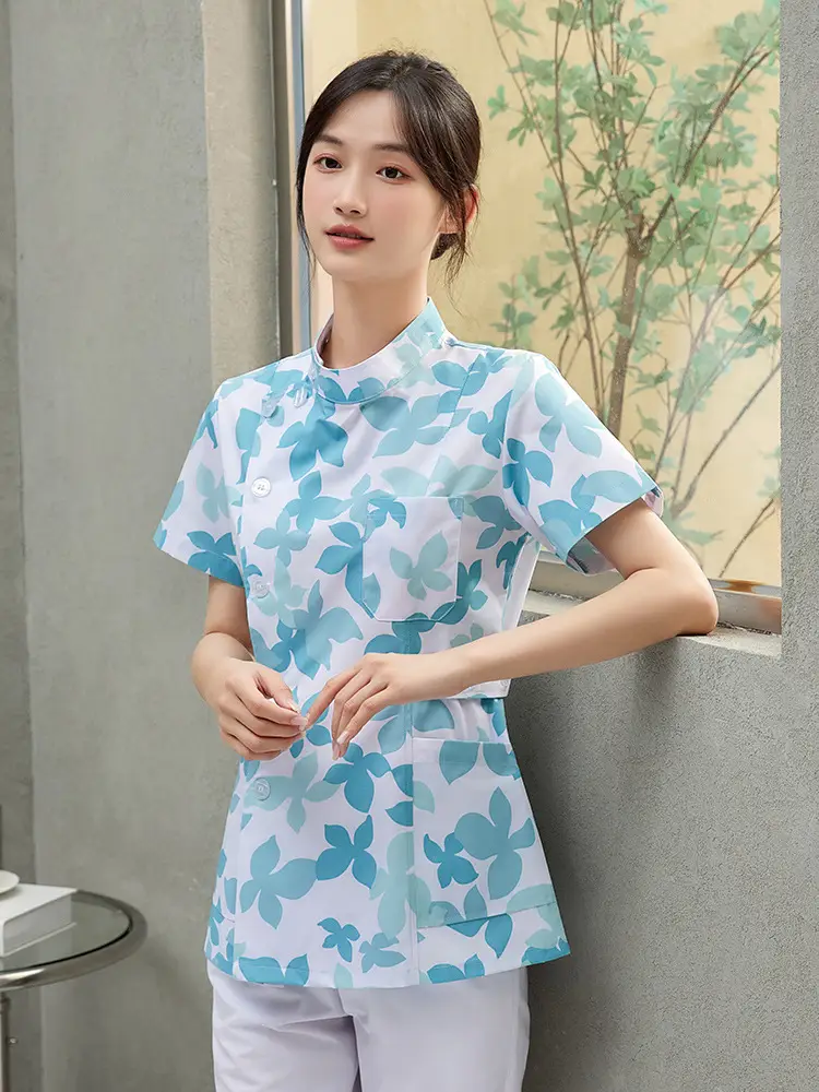 Women Floral Nurse Split Suit Blue White - Image 3