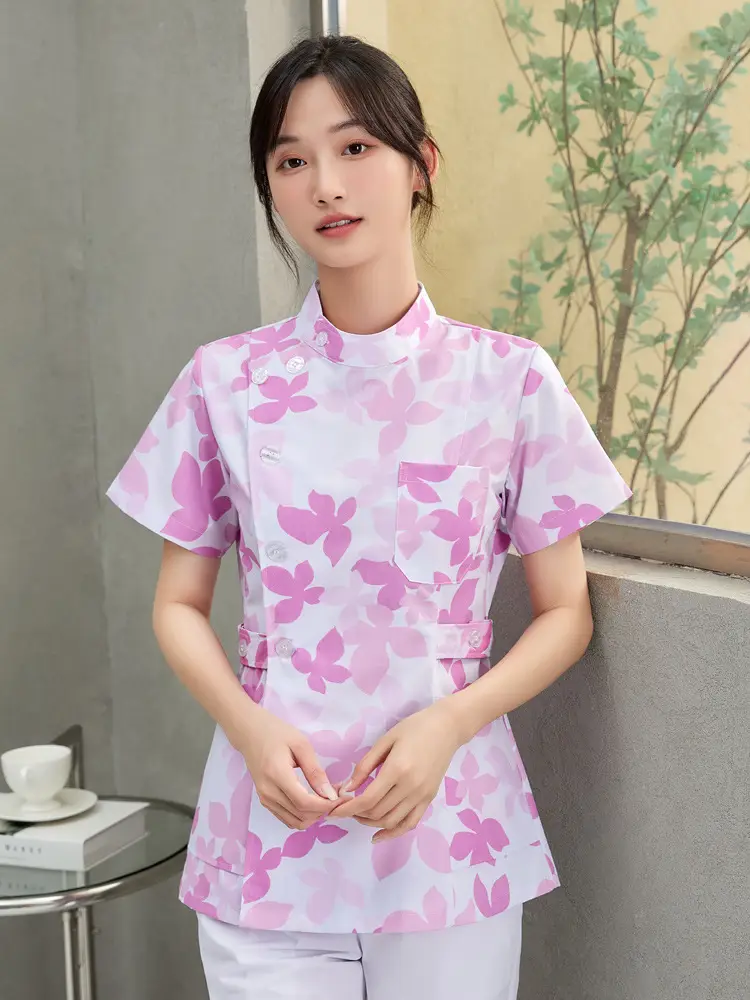 Women Floral Nurse Split Suit Blue White - Image 4