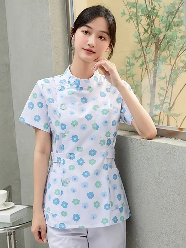 Women Floral Nurse Split Suit Blue White - Image 5