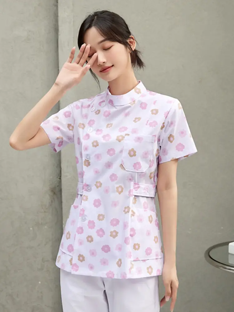 Women Floral Nurse Split Suit Blue White - Image 6