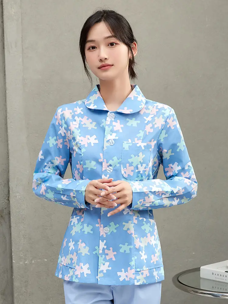 Women Floral Nurse Split Suit Blue White - Image 8
