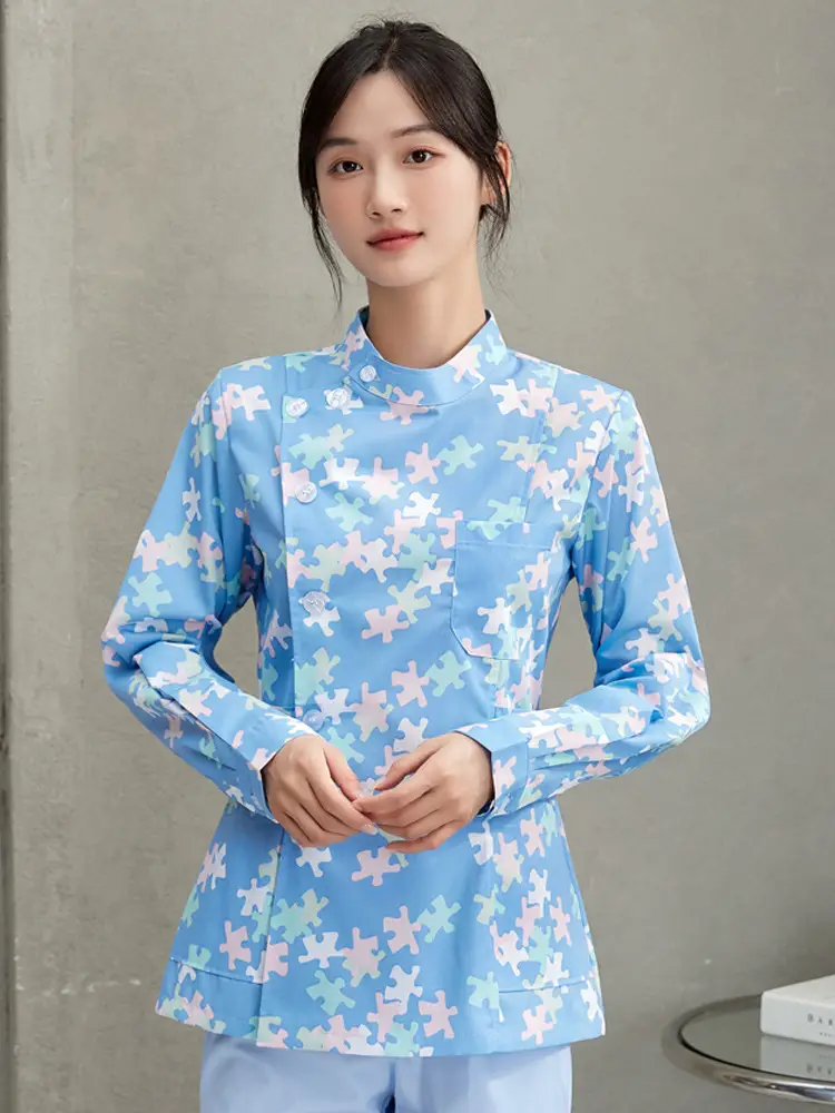 Women Floral Nurse Split Suit Blue White - Image 9