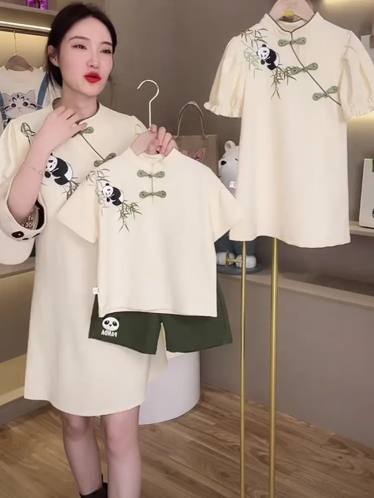 Chinese Panda Embroidered Parent Child Dress Summer Tang Suit — feature 11