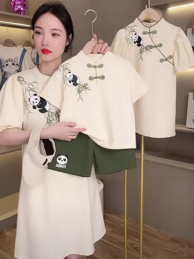 Chinese Panda Embroidered Parent Child Dress Summer Tang Suit — feature 12