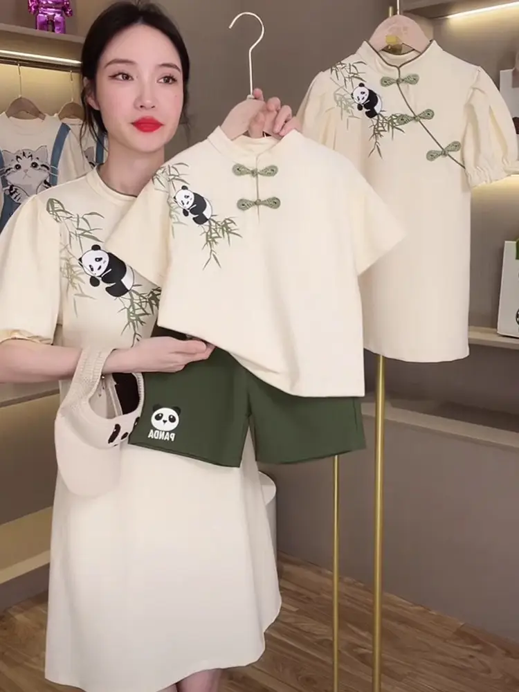 Chinese Panda Embroidered Parent Child Dress Summer Tang Suit — feature 13