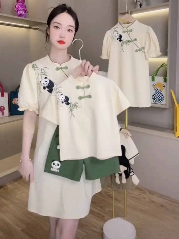 Chinese Panda Embroidered Parent Child Dress Summer Tang Suit — feature 14