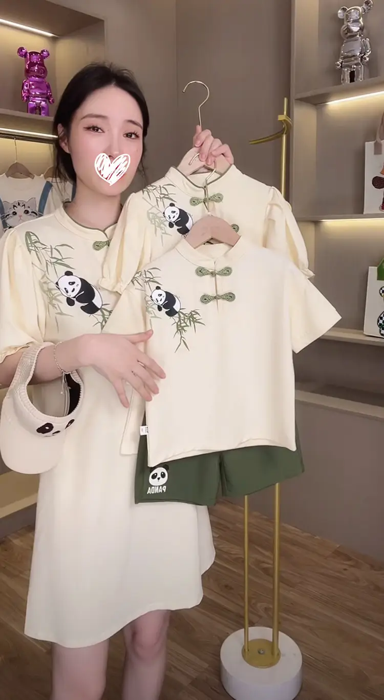 Chinese Panda Embroidered Parent Child Dress Summer Tang Suit — feature 2