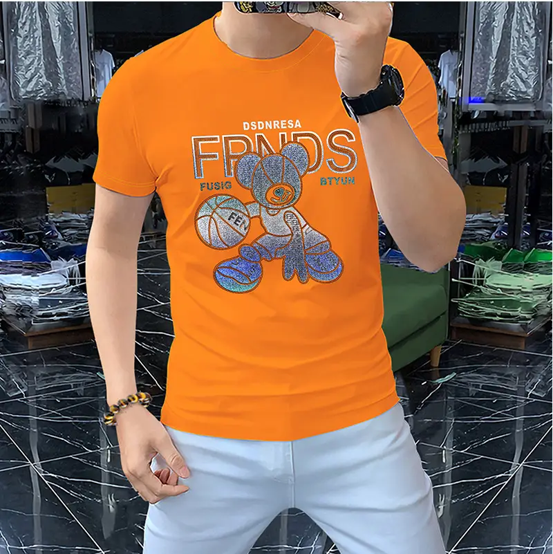 Men Orange Gym Gloves Graphic T-Shirt Short Sleeve Round Collar — feature 20