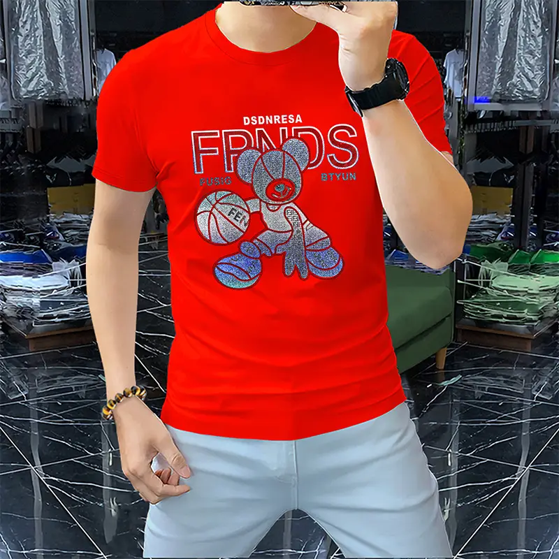 Men Orange Gym Gloves Graphic T-Shirt Short Sleeve Round Collar - Image 3