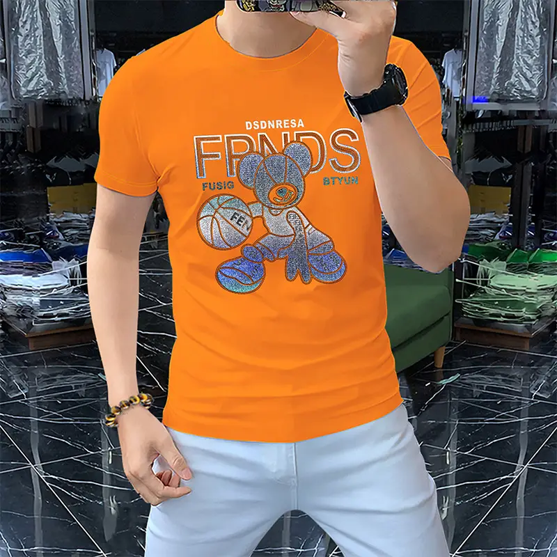 Men Orange Gym Gloves Graphic T-Shirt Short Sleeve Round Collar - Image 5
