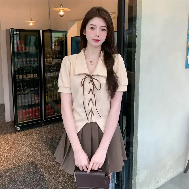 Women Apricot Strap Collar Short Sleeve 2023 Summer Top - Image 3