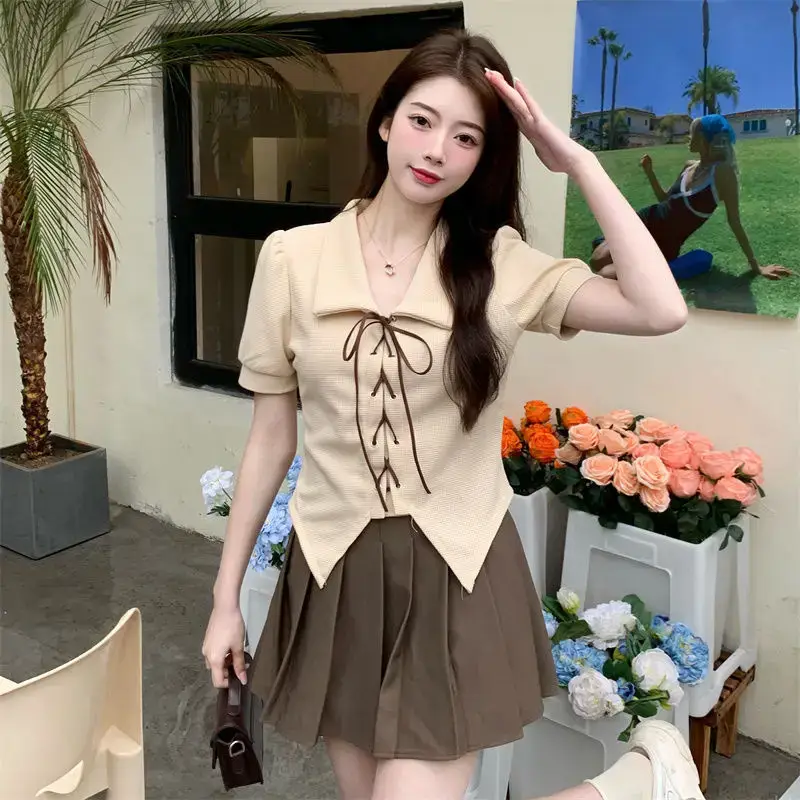 Women Apricot Strap Collar Short Sleeve 2023 Summer Top - Image 5