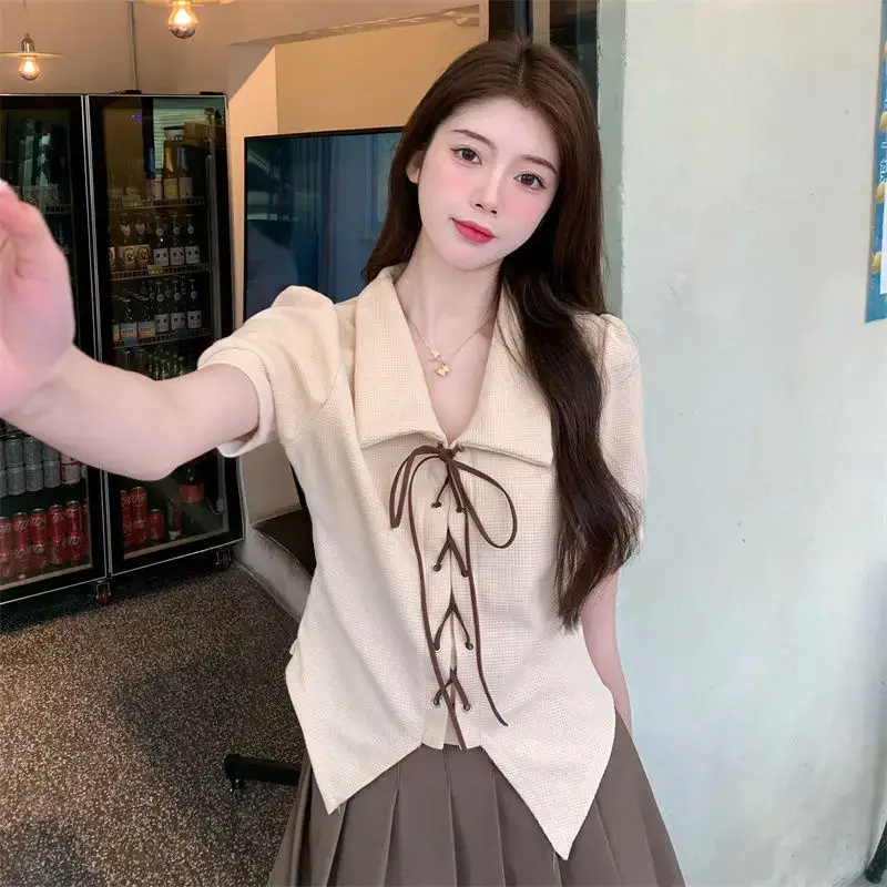 Women Apricot Strap Collar Short Sleeve 2023 Summer Top - Image 6