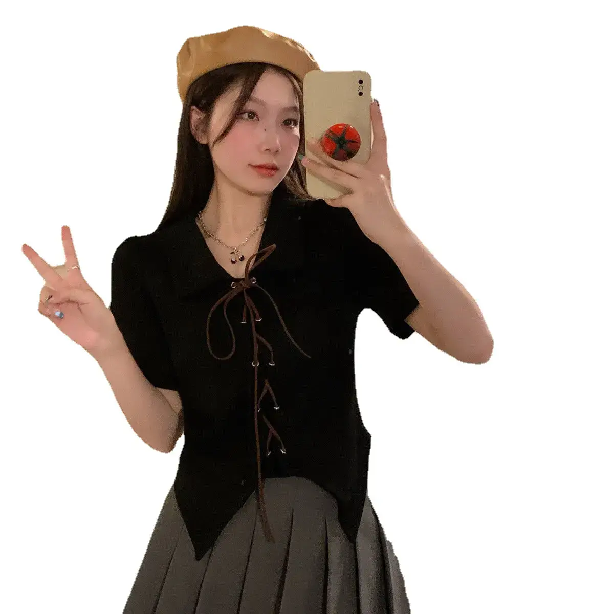 Women Apricot Strap Collar Short Sleeve 2023 Summer Top - Image 7