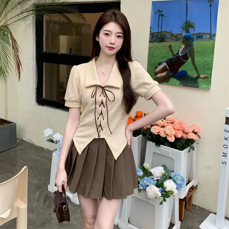 Women Apricot Strap Collar Short Sleeve 2023 Summer Top — feature 5