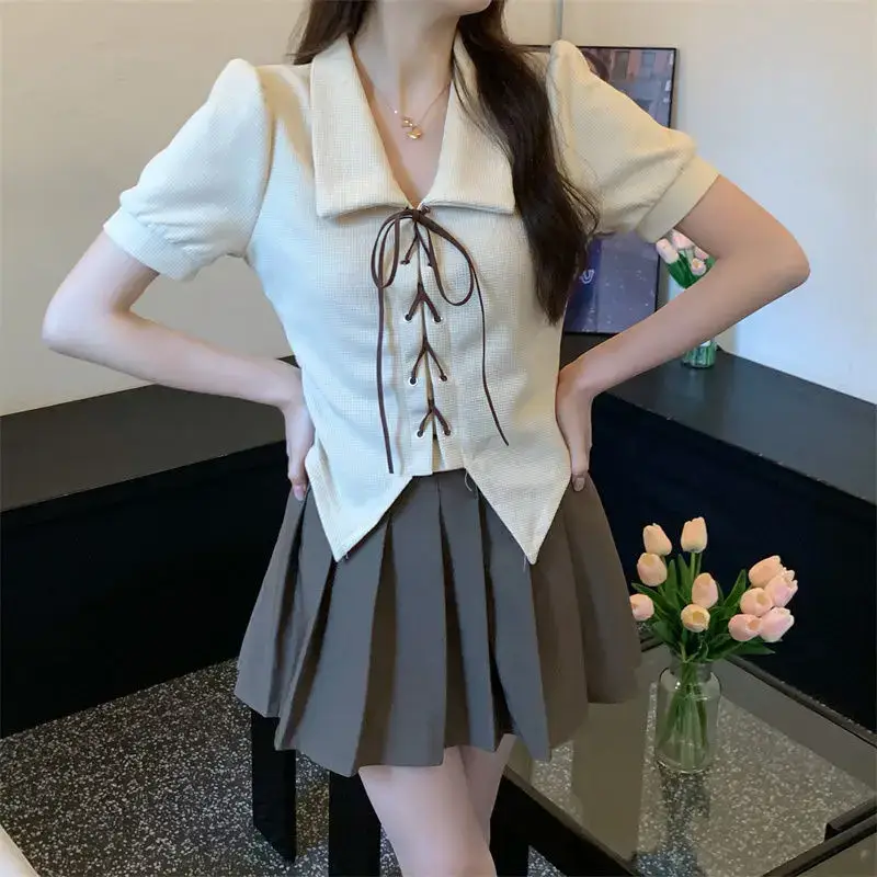 Women Apricot Strap Collar Short Sleeve 2023 Summer Top — feature 6